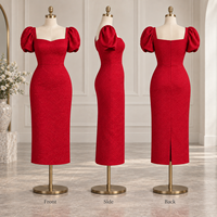Robe midi pour femme en jacquard floral tissé, à manches bouffantes, col cœur, coupe ajustée, pour occasions formelles, marque privée