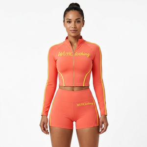 Trendy Women's 2 Piece Activewear Set Coral Orange Long Sleeve Zip-Up Cropped <b>Jacket</b> and High Waist Yoga Shorts Slim Fit <b>Workout</b> - Product Image 1