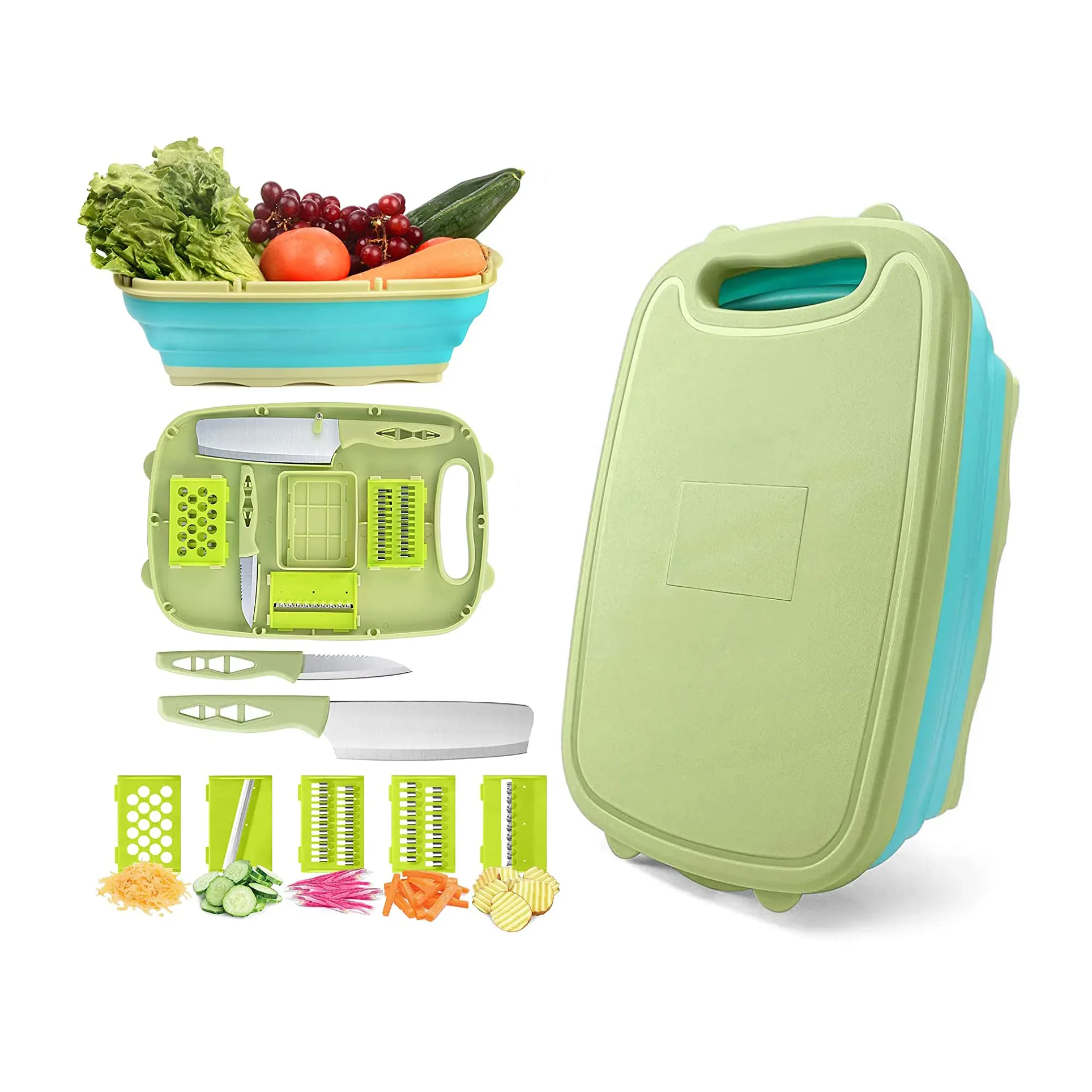 Collapsible Cutting Board, Foldable Chopping Board with Colander, 9In1 Multi Chopping Board Vegetable Washing Basket for Camping