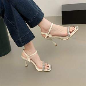 Nuevas Sandalias de Tacón Alto con Punta Abierta y Una Sola Tira, Estilo Verano, de PU, para Mujer, Tacón de Aguja Francés de Alta Gama, con Pedrería, Zapatos Sexys de Noche - Product Image 3
