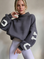Sweat-shirt à col montant pour femme, col à nœud, en molleton de coton 400 g/m², coupe oversize, chaud, pour l'hiver