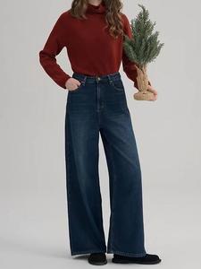 OEM ODM elegante stile alto stile classico Denim blu <span class=keywords><strong>Jeans</strong></span> da <span class=keywords><strong>donna</strong></span> larghi da mamma elasticizzati a vita singola con stampa Vintage dritta - Product Image 4