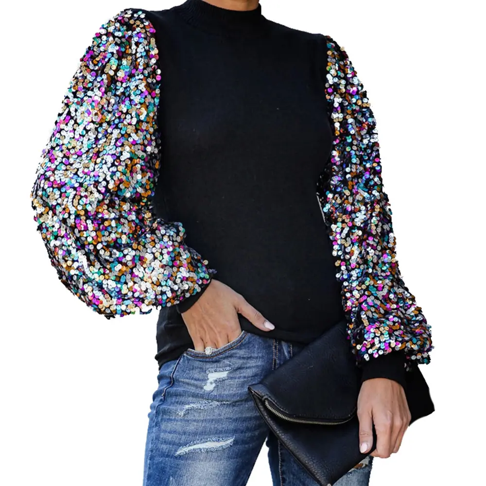 Women Sequins Tops And Blouses Spring Autumn Puff Sleeve Turtleneck Casual Shirt Solid Black Long Sleeve Camisa De Mujer