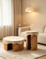 Table basse ronde moderne rembourrée avec base en bois, table centrale pour salon, meuble d'appoint, design style travertin