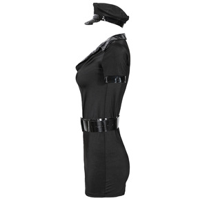Femmes <span class=keywords><strong>Sexy</strong></span> noir Police Cosplay Costume pour adultes Halloween <span class=keywords><strong>flic</strong></span> uniforme col en V robe chapeau ceinture menottes ensemble - Product Image 3