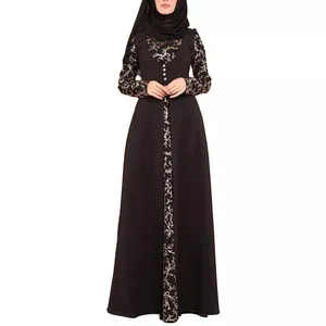 Party Elegant Floral Pattern Hot Stamping Muslim Women Long Sleeve Arab Kaftan Maxi Dress (without Hijab)