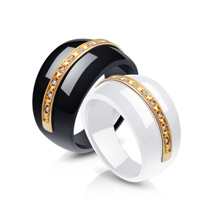 Ceramic Couple <b>Rings</b> 14MM White Black Gold Inlay Diamond <b>Set</b> Geometric Shape Engagement Jewelry for <b>Women</b> - Product Image 2