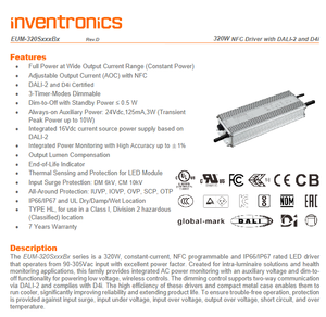 อินเวนโทรนิคส์ EUM-320S250BG ไดร์เวอร์ LED 320W 90‑305VAC SELV แยกส่วน 0‑10V PWM ตัวตั้งเวลาหรี่แสงได้ แหล่งจ่ายไฟ LED สำหรับภายนอกอาคาร - Product Image 2