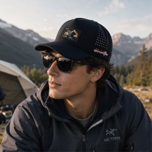 Casquette de baseball sportive en tissu éponge à 5 panneaux, avec étiquette tissée personnalisée, logo brodé, perforations laser, structurée, réglable, fermeture snapback, vente en gros - Product Image 1