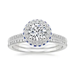 Luxury Prong Setting Round Cut Cz Stone 2Pcs Bridal Band Set White Gold Plated Halo Cz Diamond Wedding Ring Set For Women