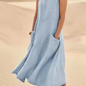 Robe longue en coton et lin 100 % pour femme, grande taille, style bretelles, patchwork tissé, respirante, lavable, vêtements décontractés d'été, style bohème - Product Image 2