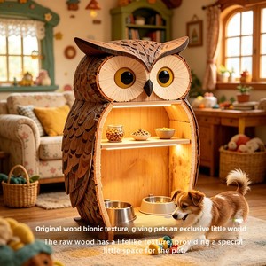 Station d'alimentation moderne en forme de hibou pour animaux de compagnie, armoire de rangement en bois pour chiens et chats avec lumière LED, en kit, faible MOQ - Product Image 2