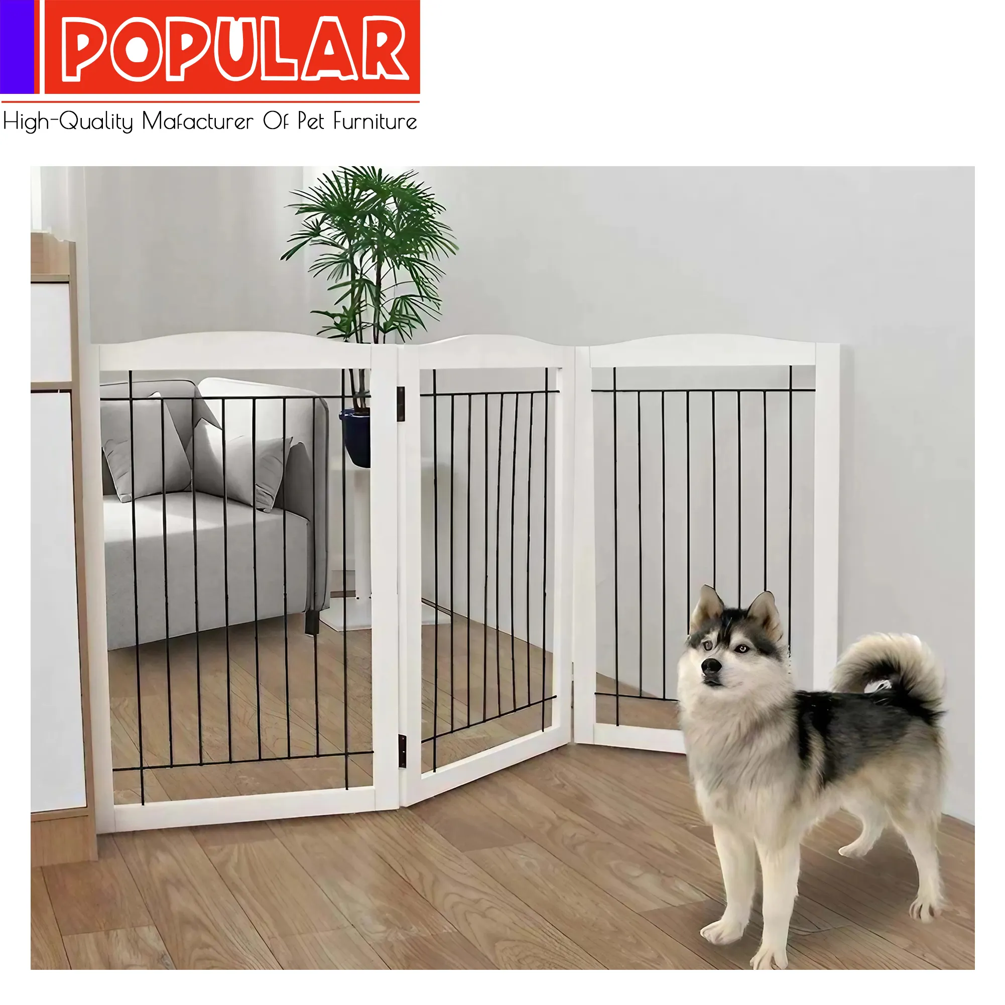 High Quality Stylish Indoor Dog Barrier Retractable Wooden Pet Safety Fence Metal Wire Breathable Fashion Pet Gate