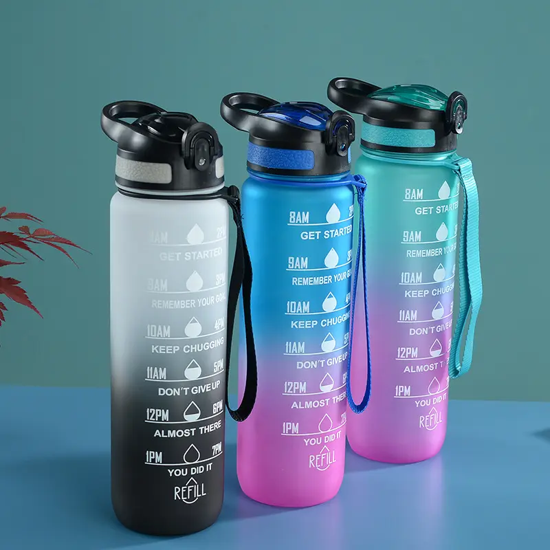 Новый дизайн, безбпа, 1 л, 1 литр, пластиковая большая емкость, Тритан, Спортивная, Спортивная, Мотивационная бутылка для воды с соломой и маркером времени