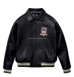 Jaket Kulit Asli Avirex Plus-size Kasual Sport Pria Kerah Lapel Kulit Domba Prancis Kulit Asli Model Varsity - Product Image 1