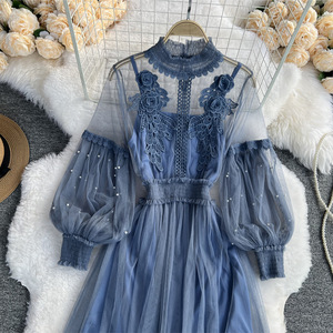 Vestido de encaje para mujer, ropa Coreana de gasa de malla con parte inferior de flores tridimensional, top halter, Primavera/Verano, 2022 - Product Image 5