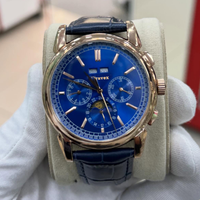 Montre Chronographe de Luxe pour Homme en Gros, Boîtier Doré en Cristal Saphir, Calendrier Phase de Lune, Aiguille Bleue, Bracelet en Cuir, Style Affaires