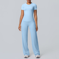 Combinaison de yoga TongJoes à manches courtes et jambes larges, respirante, en spandex/nylon brossé double face, pour l'entraînement, la course à pied et le fitness