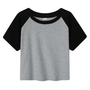 Camiseta Corta de Verano para Mujer, 230gsm, Algodón, Corte Ajustado, Estilo Raglán, Sexy, con Bloques de Color, Manga Corta - Product Image 4
