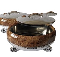 Ensemble de 3 récipients alimentaires vintage grande taille 4L 5L 6L, corps imitation bois, chauffe-plat isotherme avec base dorée