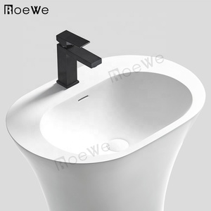 Gris salle de bain lavabo autoportant à surface solide lavabo sur colonne, fonte ovale <span class=keywords><strong>pierre</strong></span> composite lavabo à fixation au sol - Product Image 3