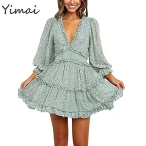 OEM Custom Backless Slim Fit Womens Spring Summer Deep V Neck Ruffle Long Sleeve Floral Print Mini Dress