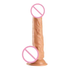 Consolador realista de 7,7 pulgadas con ventosa fuerte carne marrón pene Artificial manos libres jugar mujeres juguetes sexuales Consolador de PVC Flexible