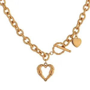 Toggle Clasp Heart Charms Necklace Chunky Cable Chain Choker Jewelry 18K Gold Plated Angel Wings Heart Pendant Necklace