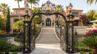 Portail d'entrée en fer forgé de style baroque de luxe LINCAI |   Portail de propriété orné noir et or avec volutes dorées et lanternes