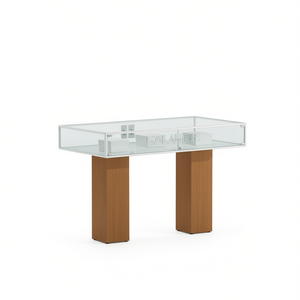 Vitrine moderne avec cadre en aluminium blanc, verre trempé, largeur 120 cm, portes verrouillables, piédestaux en bois - Product Image 2