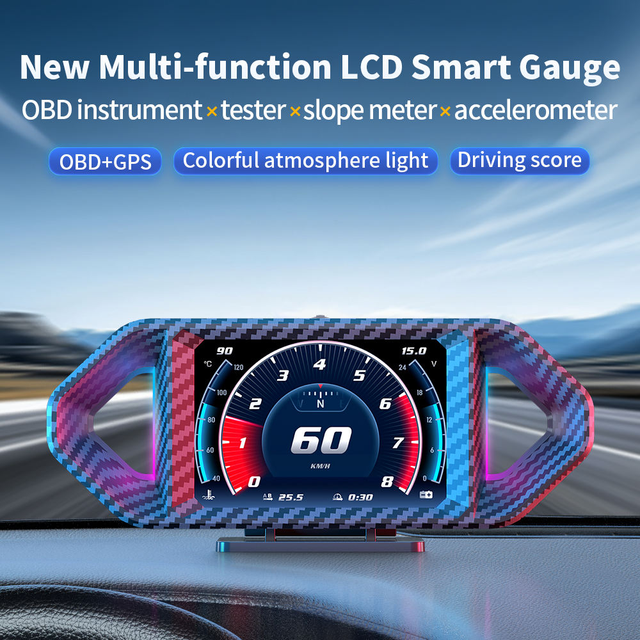 Simulated Carbon Fiber OBD GPS Gauge Car HUD Head Display Multiple Languages USB Plug-n-Play 1 Year Warranty for Universal Cars