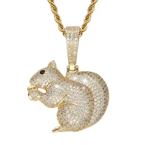 Fashion Hip Hop Animal Pendant Jewelry 18K Gold Plated Iced Out Zircon Stone Charm Cute Squirrel Pendant Necklace For Women