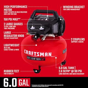 शिल्पकार 6 गैलन पोर्टेबल पैनकेक एयर कंप्रेसर तेल मुक्त 150 psi 1.0hp 2.6 cfm 1 वर्ष की वारंटी - Product Image 2