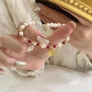 Yinruitai S925 Sterling Silver Pearl <b>Bracelet</b> With Red <b>Beads</b> And Gold Shield Charm For Women Everyday Wear - Product Image 1