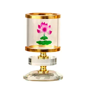 Luxury golden buddhist crystal tea light candle holder home buddha light glass candlestick long bright lamp crystal lotus lamp