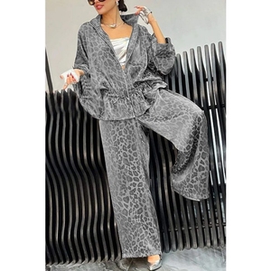 New Women's Lapel Waist Drawstring Long Sleeve Leopard Print Casual 2-Piece <b>Set</b> Fashion - Product Image 1