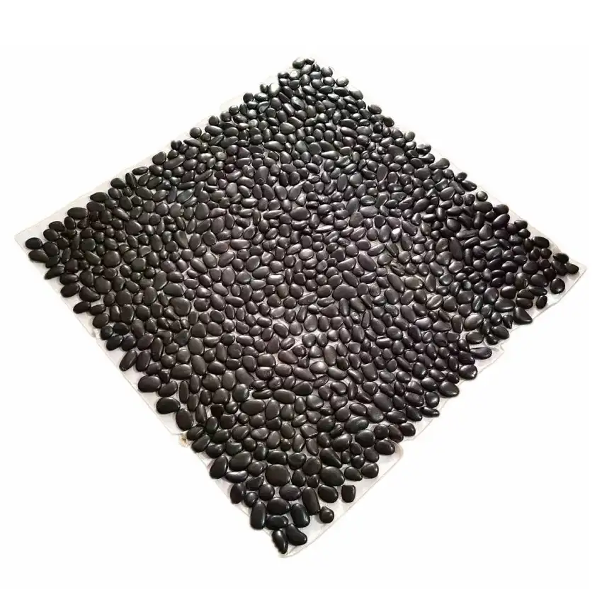Cheap High Quality Lanscape River Rock Stone Black Color Polished Pebble Stone Paving Stone Tiles With 3-5cm On Mesh