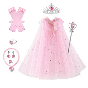 Hot sale kids girl tulle cape with crown magic wand accessories set children Halloween sequined fancy cloak