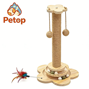 Petop Griffoir pour chat avec jouet interactif sur rail en bois, base en pin naturel, corde en jute, protection de meubles pour chats d'intérieur - Product Image 1