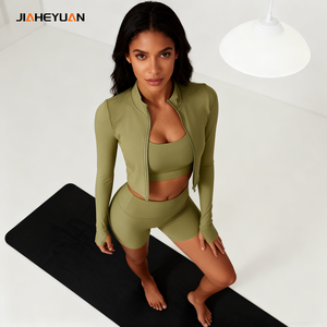 Set di giacche da <span class=keywords><strong>palestra</strong></span> personalizzate 3 pezzi Yoga con Zip da <span class=keywords><strong>donna</strong></span> abbigliamento sportivo per allenamento Fitness pantaloncini sportivi a vita alta - Product Image 3