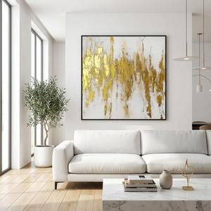 Peinture abstraite dorée et blanche, grande toile minimaliste faite à la main, œuvre d'art pour hôtel, décoration murale pour la maison, arts décoratifs - Product Image 1