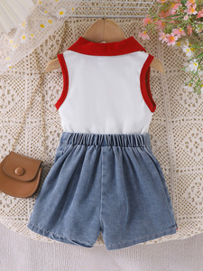 Vêtements décontractés pour filles de 3 à 7 ans, ensemble de 2 pièces, haut sans manches à fleurs orange avec col rabattu et short en jean, ensemble en jean pour fille - Product Image 3