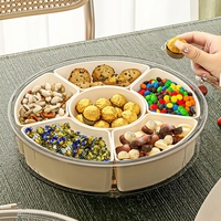 Ronde draaibare snack schaal met deksel, fruitbak met 6 compartimenten, plastic voedsel opbergdoos met handvat voor koelkast, picknick, feestje