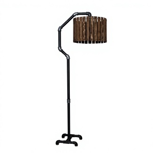 Lampe de sol industrielle avec abat-jour en bois, hauteur réglable, base en fer, design cylindrique brun, usage résidentiel - Product Image 1