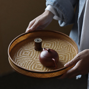 Panier rond tissé à la main en bambou, plateau de rangement pour ustensiles de cérémonie du thé, plateau de service pour le thé, plateau pour collations et fruits secs - Product Image 2