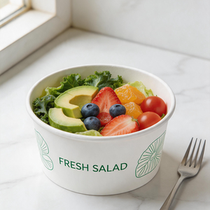 Vente flash - Bols à salade ronds jetables compostables en papier kraft blanc et brun avec revêtement PE personnalisé, motif et logo sur mesure - Product Image 1