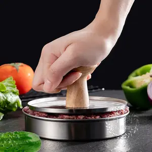 ZY59 ev DIY mutfak gereçleri paslanmaz çelik et pasta kalıpları ahşap saplı Hamburger et presi