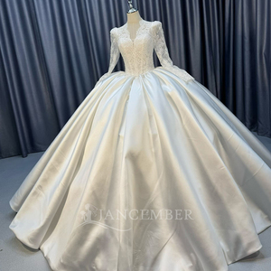 Lscm117 Elegant Ivory <b>Sheer</b> Lace <b>Long</b> <b>Sleeve</b> Beaded Corset Minimalist Satin Ball Gown Wedding Dress Train Jancember - Product Image 2