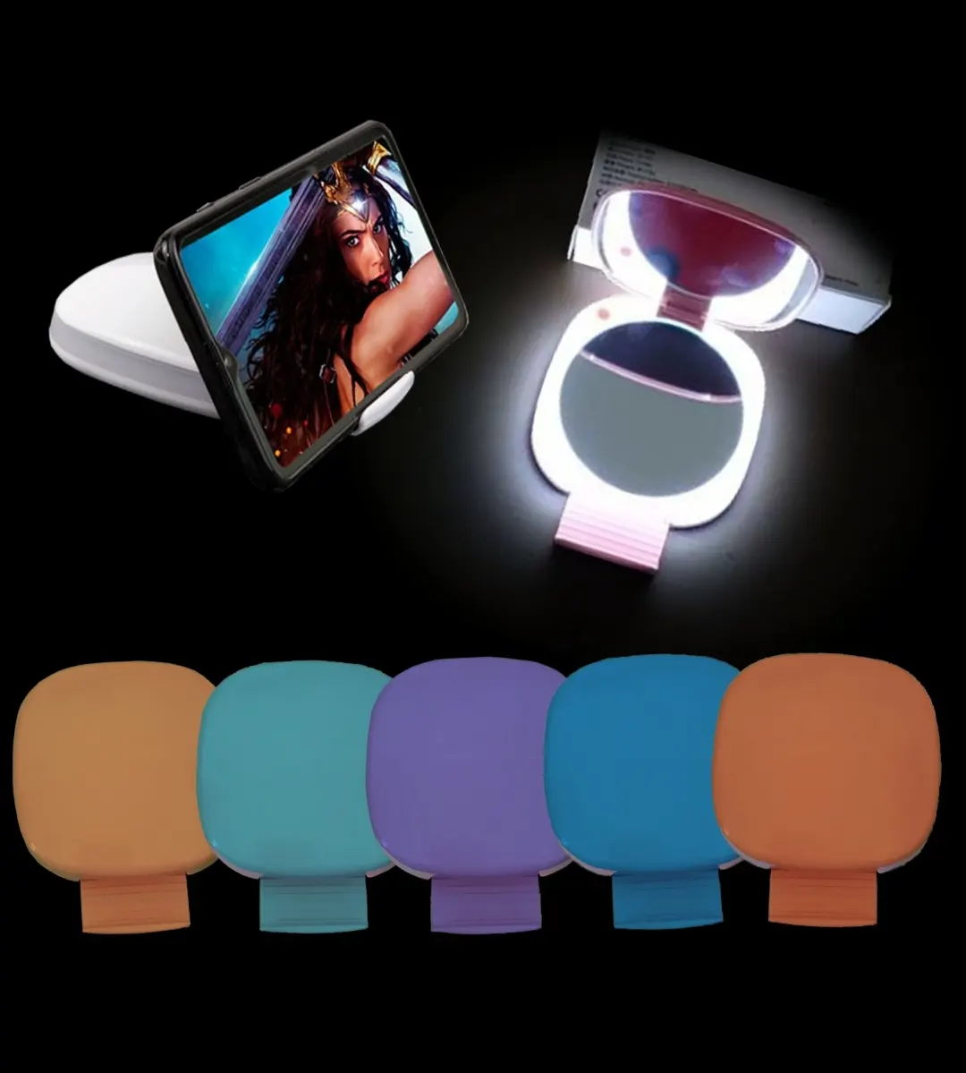 Portable LED Makeup mirror with Mobile phone holder function Rechargeable LED mini pocket mirror for makeup