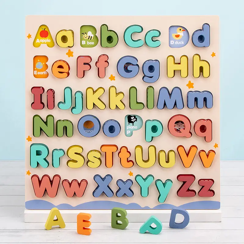 Montessori mainan edukasi anak-anak, mainan puzzle kayu alfabet cocok dengan nomor huruf untuk anak-anak